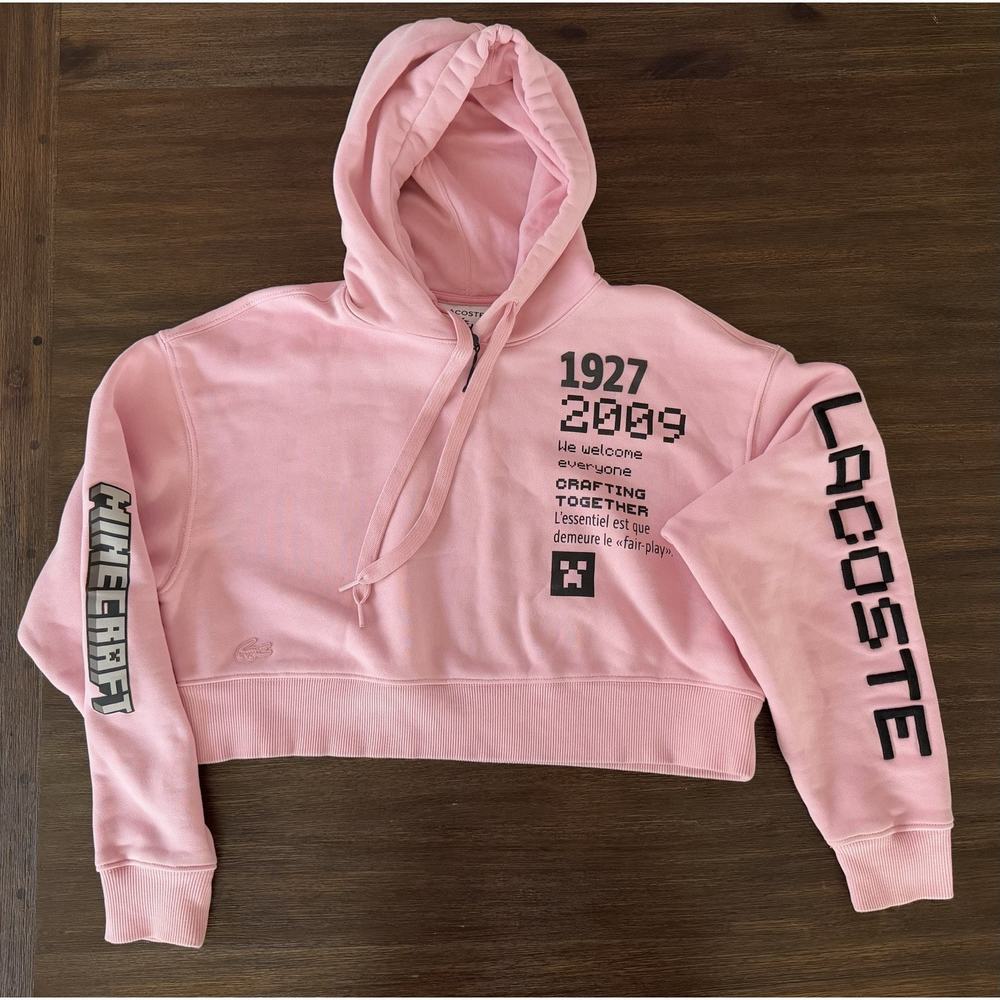 Lacoste Pink Cropped Hoodie with Graphic Sleeve Logo